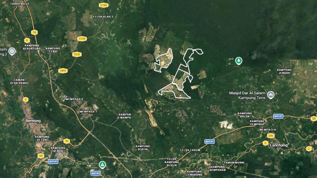 Satellite map showing the highlighted boundary of Kathari National Agro Reserve in Pahang